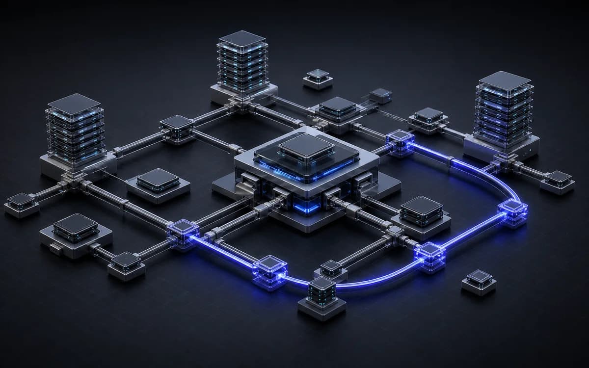 Abstract software architecture graph with a highlighted dependency path