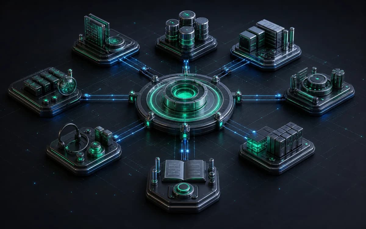 Abstract IT operations hub connecting service and asset modules