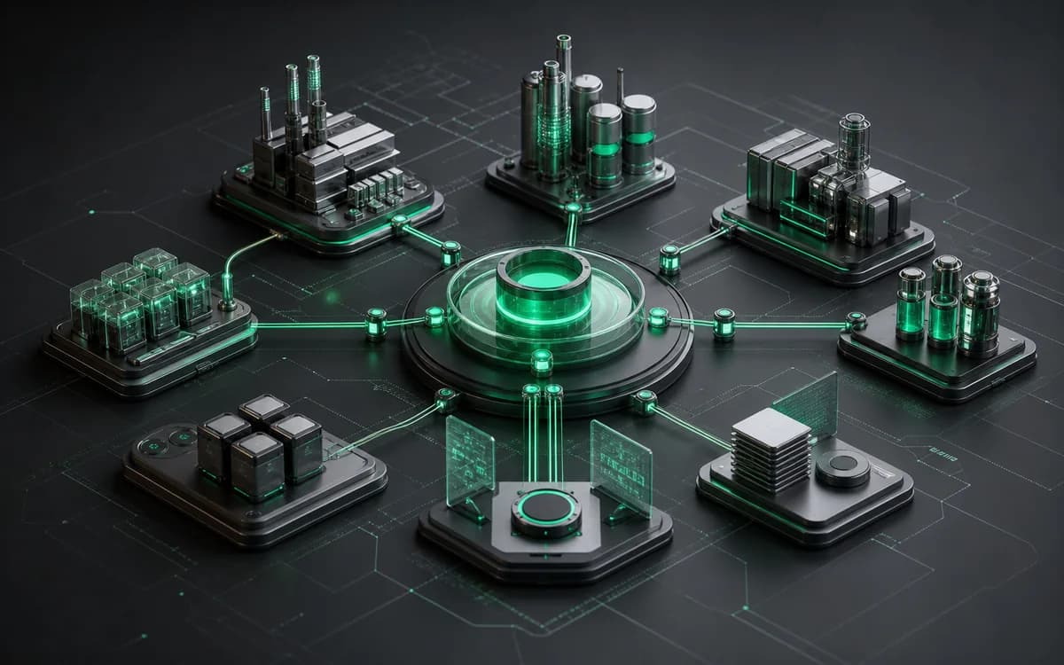 Abstract IT operations hub connecting factory and service nodes